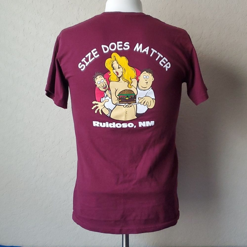 Farley's Food Fun Pub Shirt Small Maroon Ruidoso NM Funny Size Does Matter